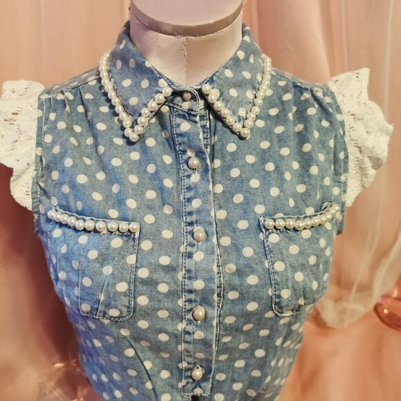 Ank Rouge Size Women's Small Denim Blouse Top Pearl Polka Dot Boho Japan Import - Picture 16 of 16